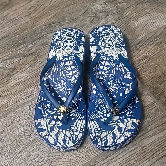 Tory Burch Shoes Tory Burch Blue Wedge Flip Flops Poshmark